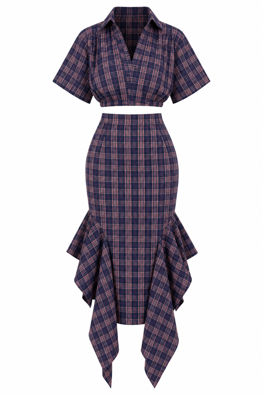 Navy blue and red plaid co-ord set with ruffle detail