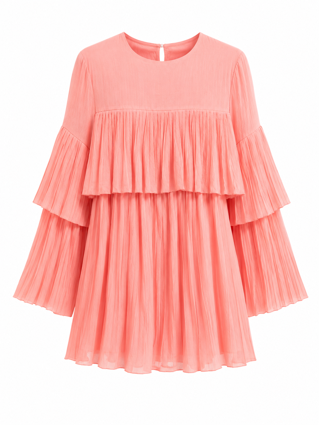PEACH PLEATED LONG SLEEVE MINI DRESS