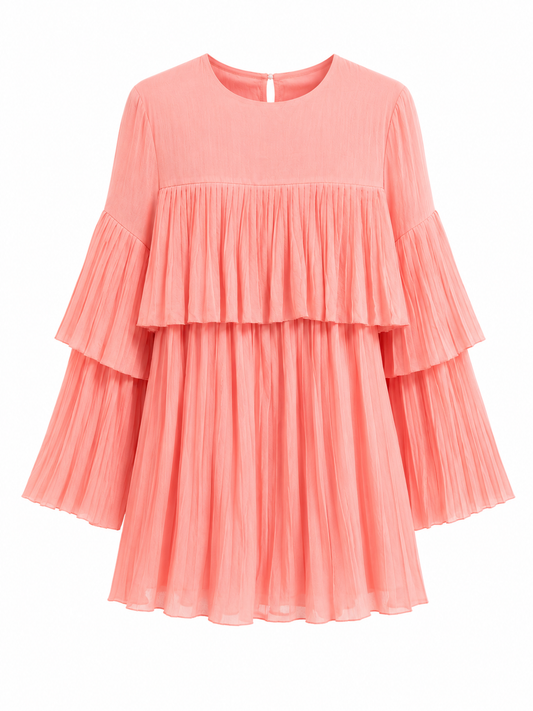 PEACH PLEATED LONG SLEEVE MINI DRESS