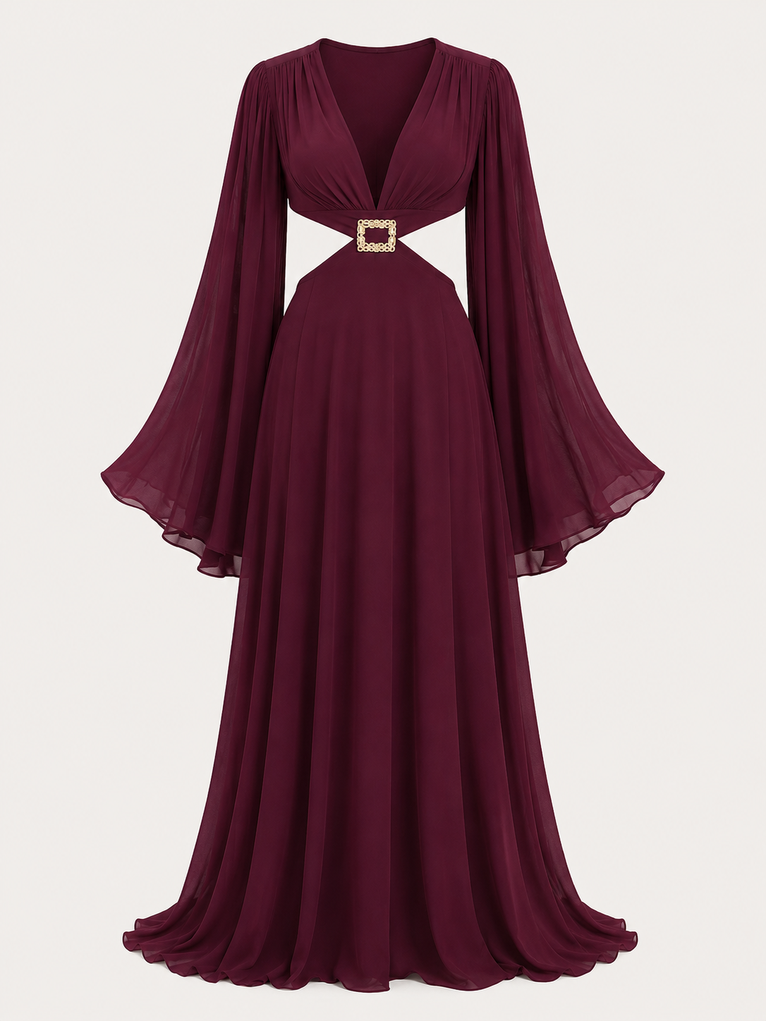 MAROON OMETSEY LONG FLARE SLEEVE MAXI DRESS WITH KEYHOLE