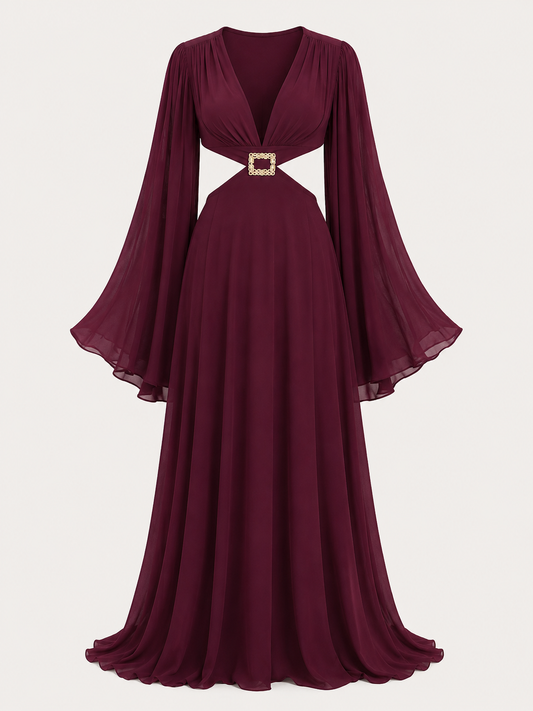 MAROON OMETSEY LONG FLARE SLEEVE MAXI DRESS WITH KEYHOLE
