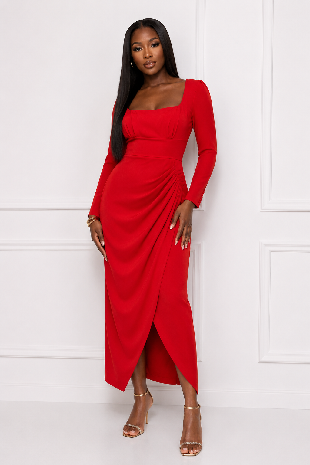 SELF-PORTRAIT red drape midi dress