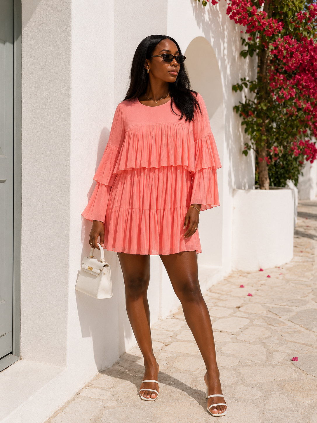 PEACH PLEATED LONG SLEEVE MINI DRESS