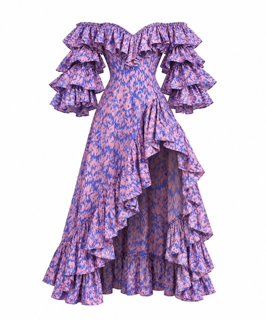 Pink and blue SIKA DESIGNS off shoulder ruffle dress with ruffle slit detail