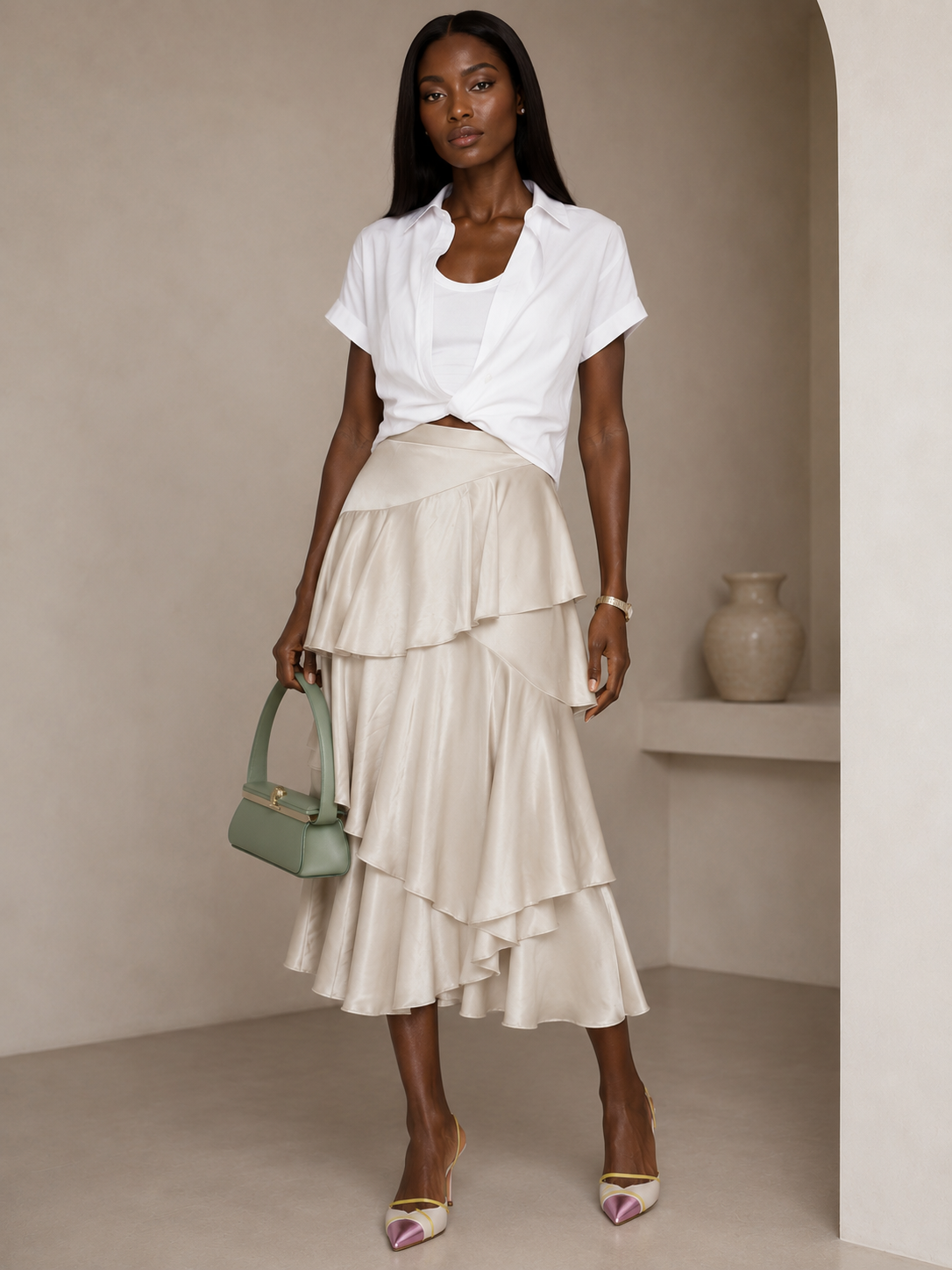 TAUPE ALEXA CHUNG LONG TIERED RUFFLE SKIRT