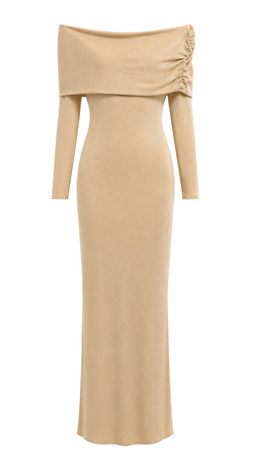 BEIGE OFF SHOULDER LONG SLEEVED BODYCON MAXI DRESS