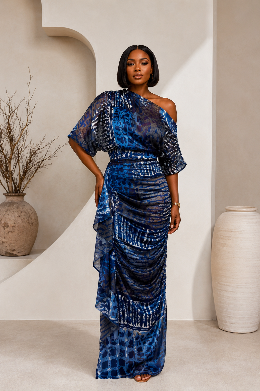 Asymmetric chiffon crop top and silk drape skirt co-ord