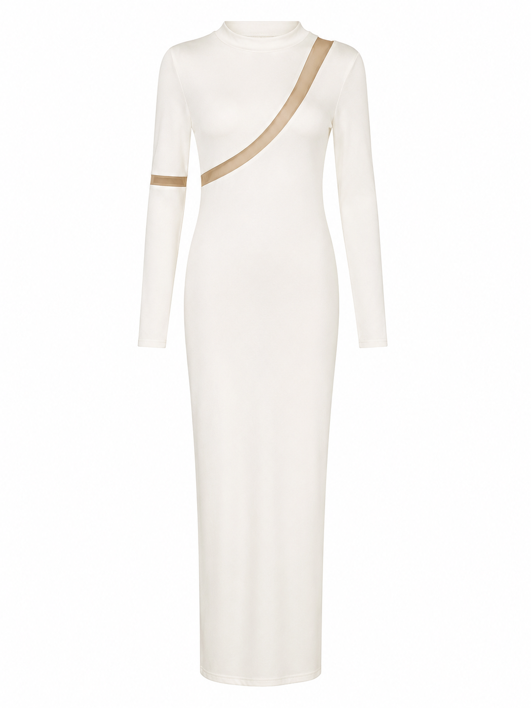 WHITE LONG SLEEVE BOSYCON MAXI DRESS WITH MESH DETAIL