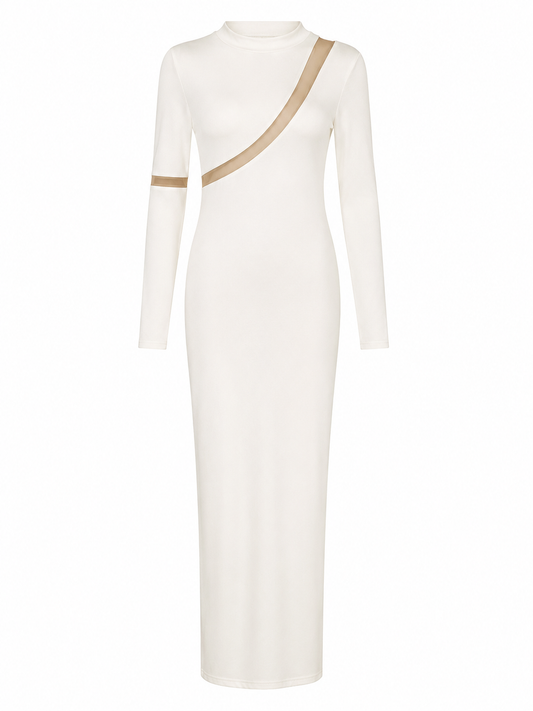 WHITE LONG SLEEVE BOSYCON MAXI DRESS WITH MESH DETAIL