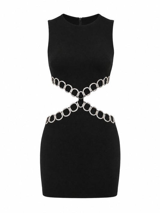 BLACK CUT-OUT MINI BANDAGE DRESS WITH DIAMANTE DETAIL