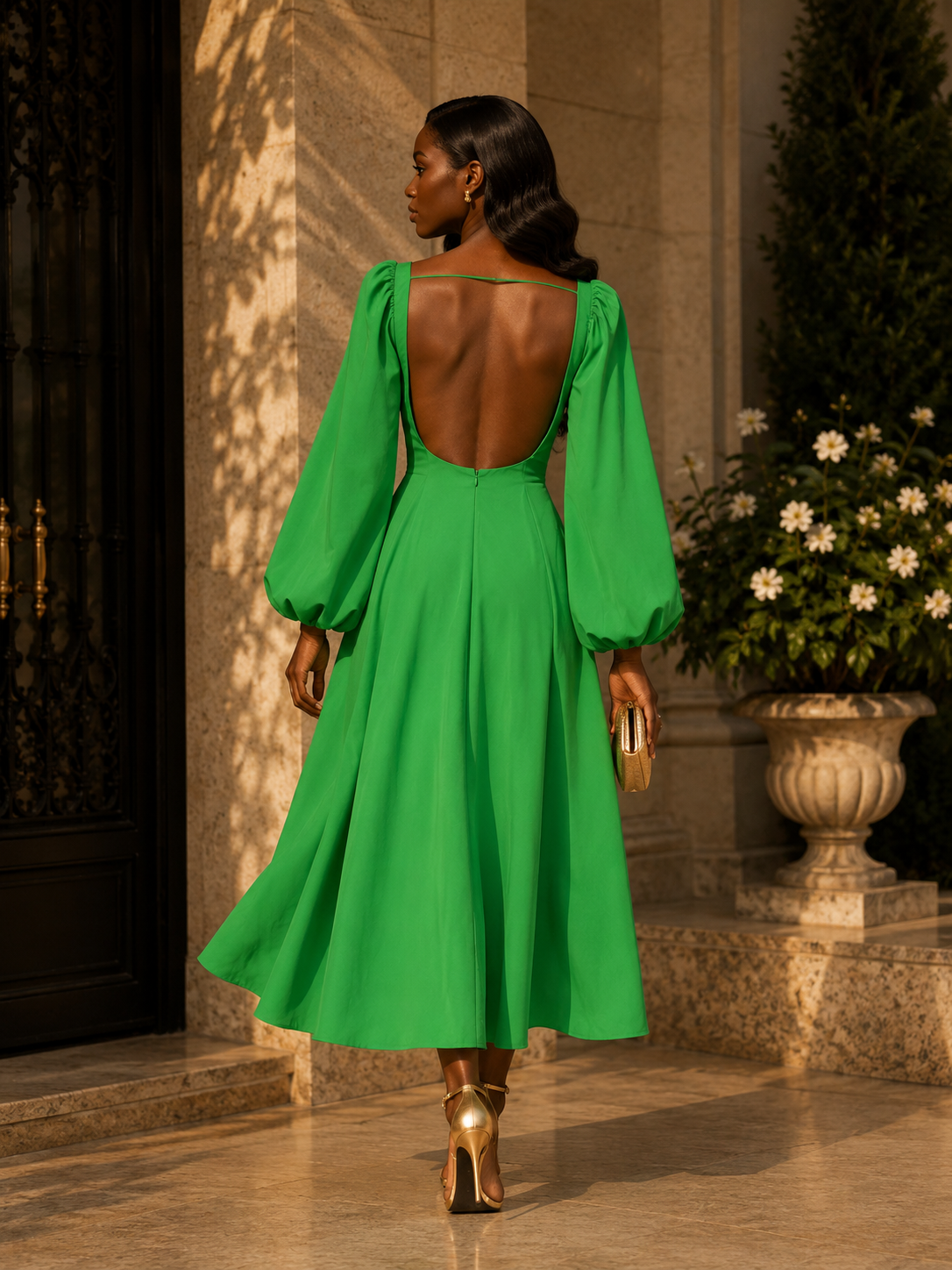 GREEN NASTYGAL LONG PUFF SLEEVE MIDI DRESS WITH OPEN BAG