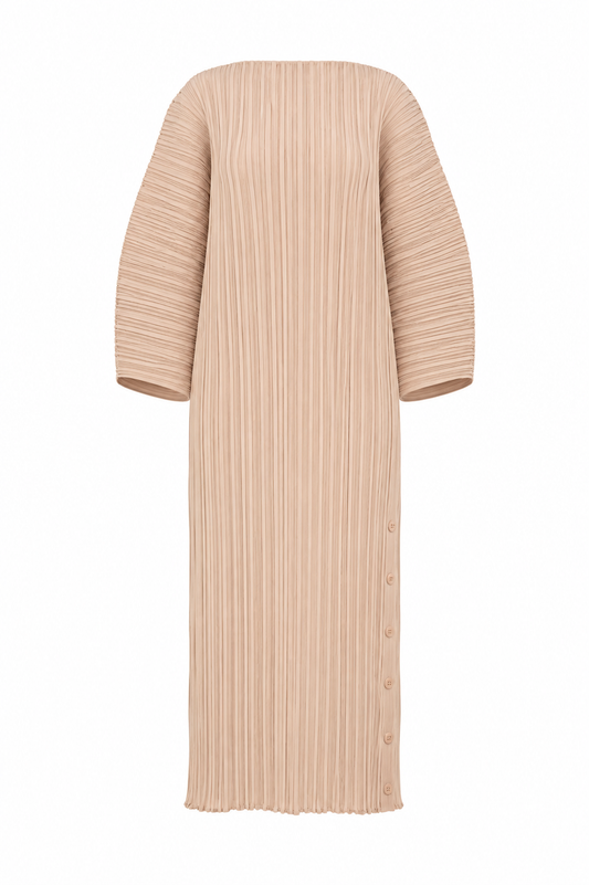 & OTHER STORIES TAN PLISSE LONGSLEEVES MIDI DRESS
