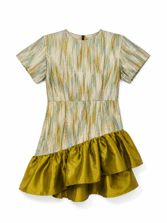 Green and taupe brocade Le Victoria mini dress with ruffle hem