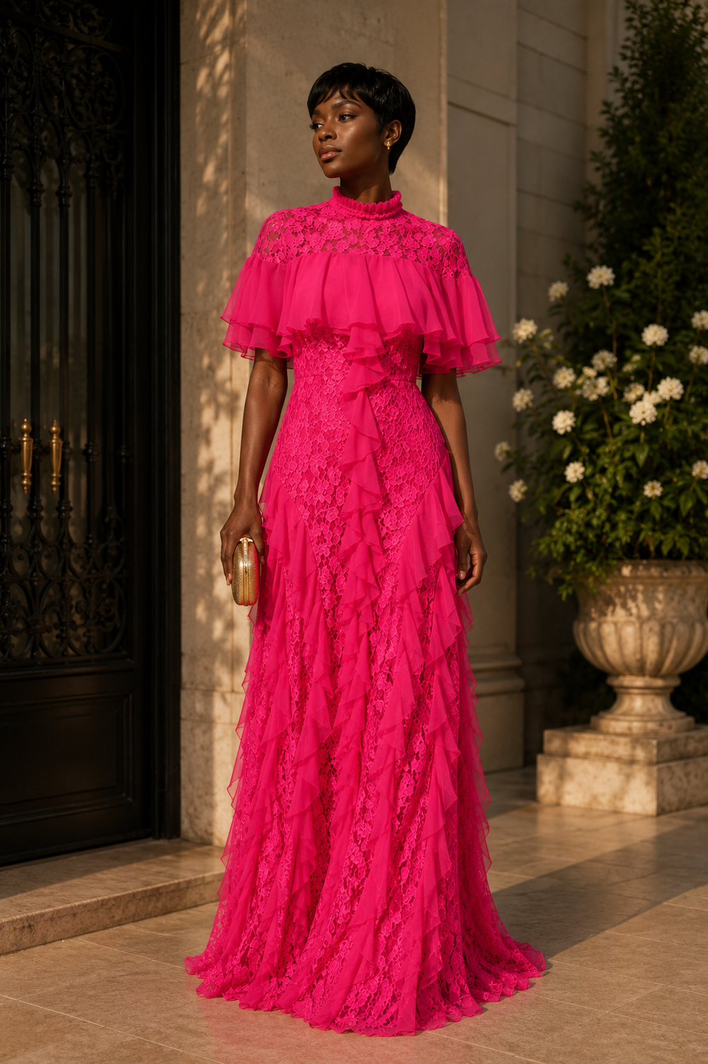 PINK LACE MAXI DRESS WITH RUFFLE DETAIL