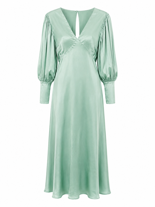 TURQUOISE ASOS SATIN MAXI DRESS WITH LONG PUFF SLEEVES OPEN BACK