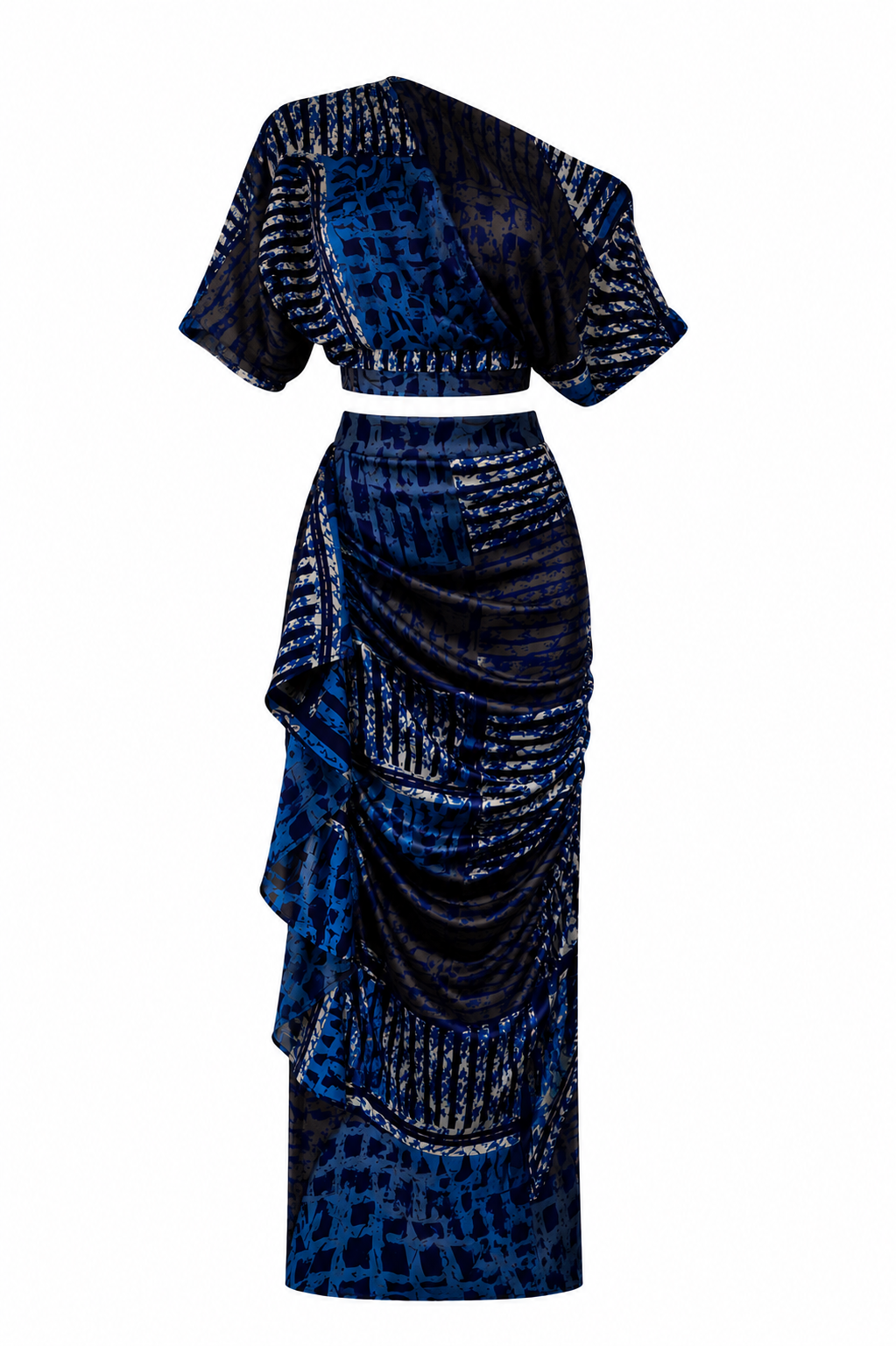 Asymmetric chiffon crop top and silk drape skirt co-ord