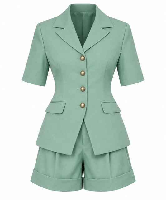 Green Lokita short sleeve blazer and shorts co-ord set