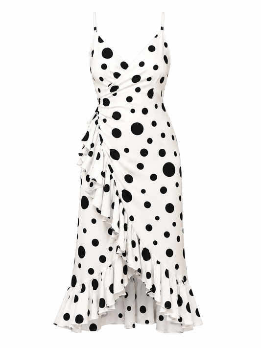 WHITE AND BLACK POLKA DOT FOREVER UNIQUE SPAGHETTI STRAP WRAP MIDI DRESS