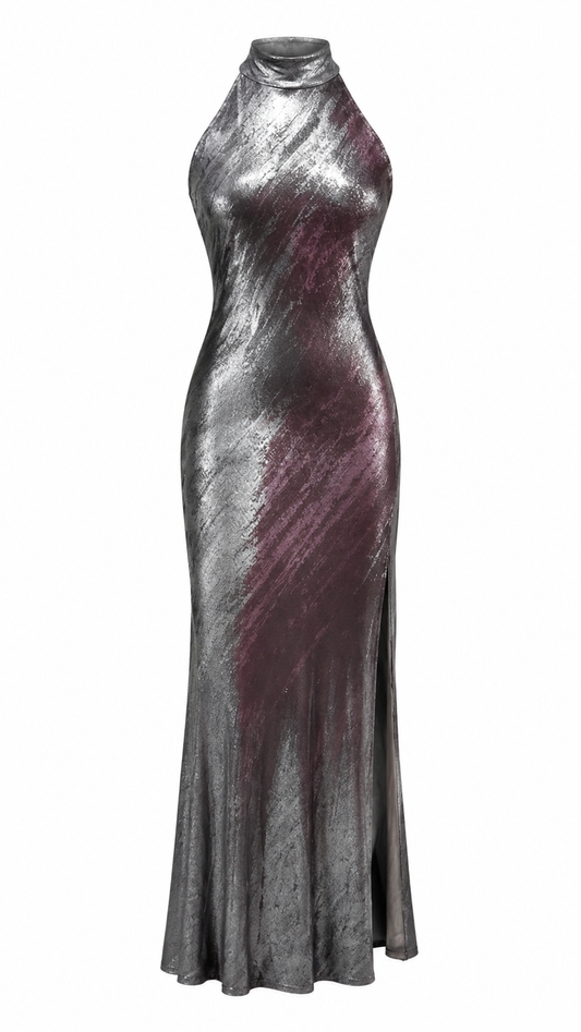 METALLIC LIRA & FYNN TURTLE TIE NECK MAXI DRESS
