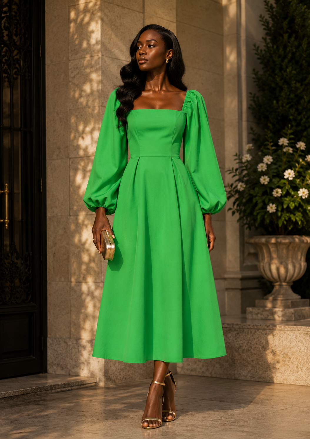 GREEN NASTYGAL LONG PUFF SLEEVE MIDI DRESS WITH OPEN BAG