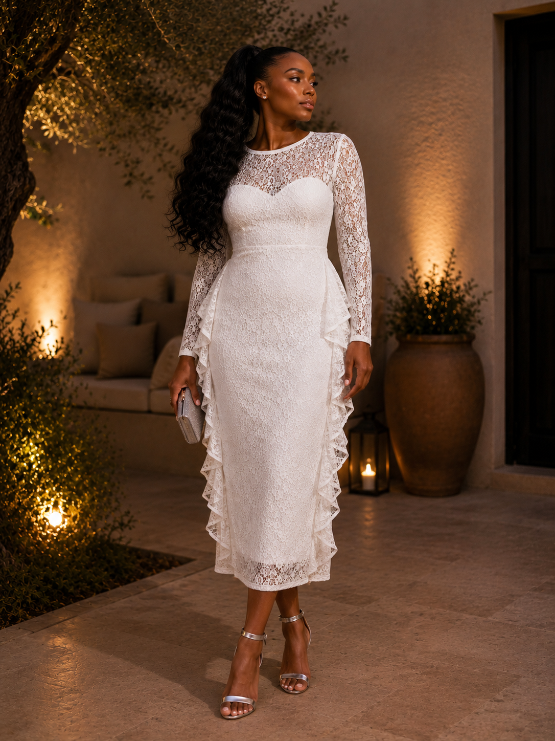 WHITE LACE LONG SLEEVE MAXI DRESS WITH RUFFLE SIDES