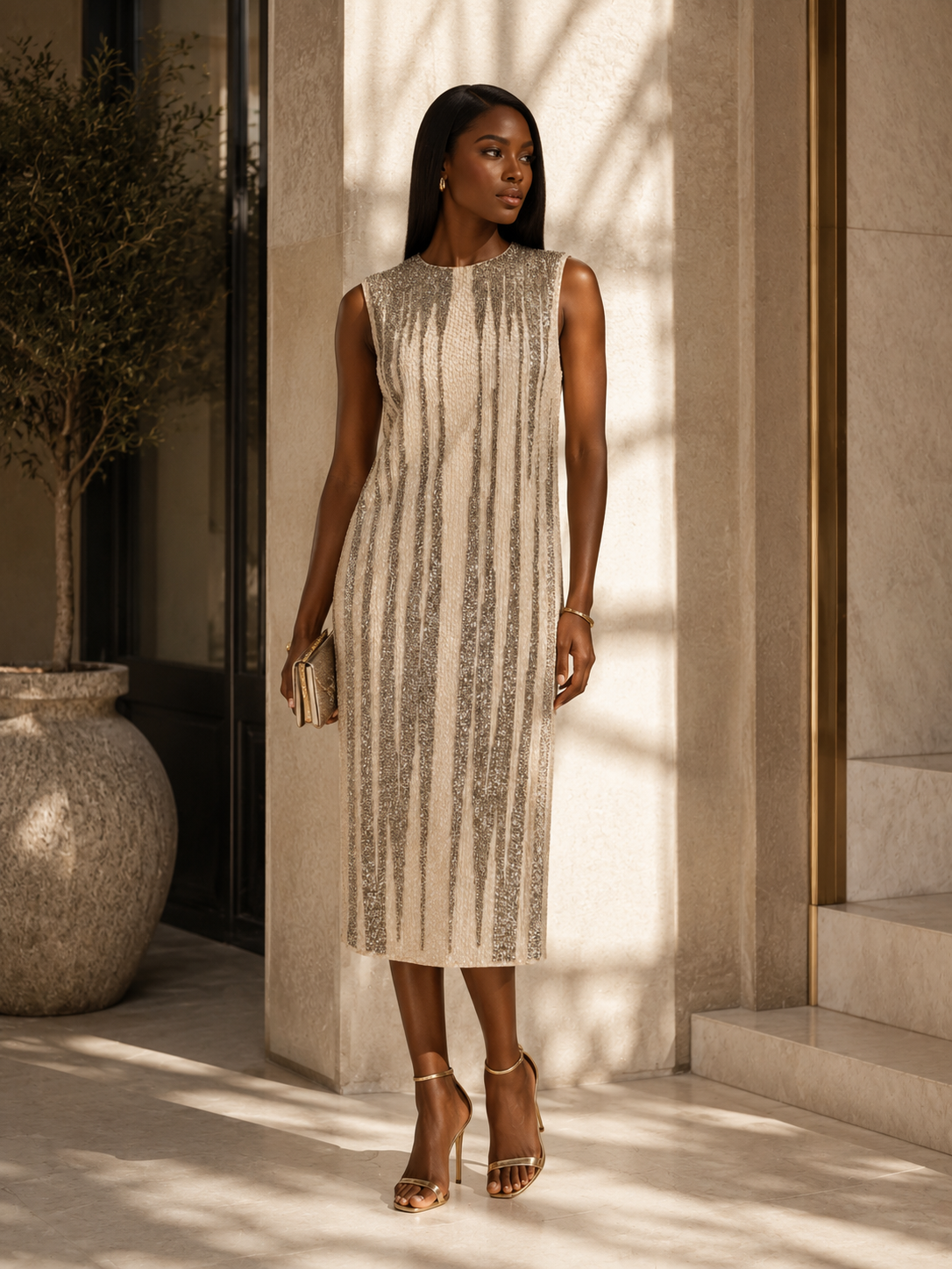 WHITE AND SILVER BEADED ASOS SLEEVELESS MIDI DRESS