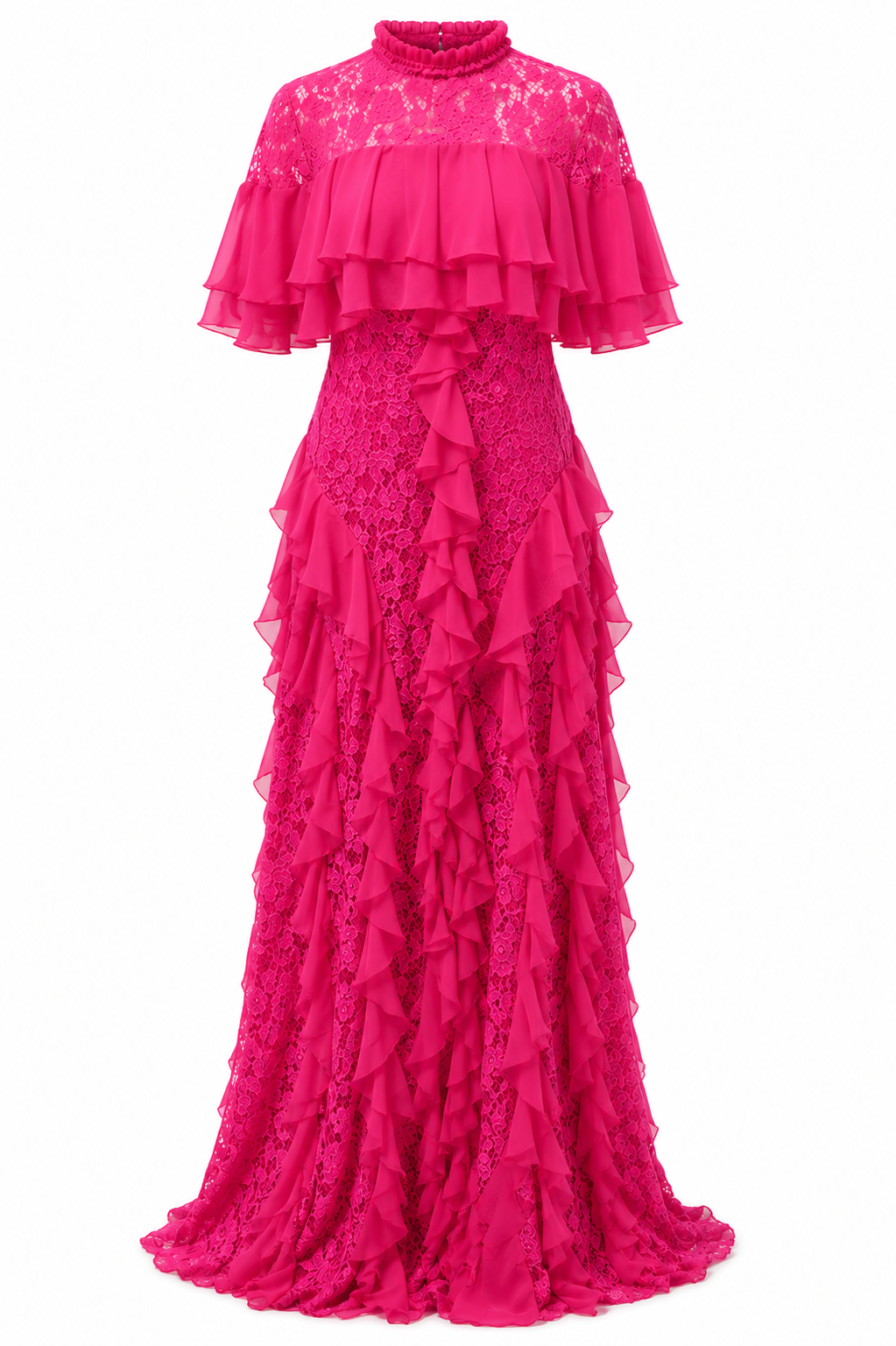 PINK LACE MAXI DRESS WITH RUFFLE DETAIL