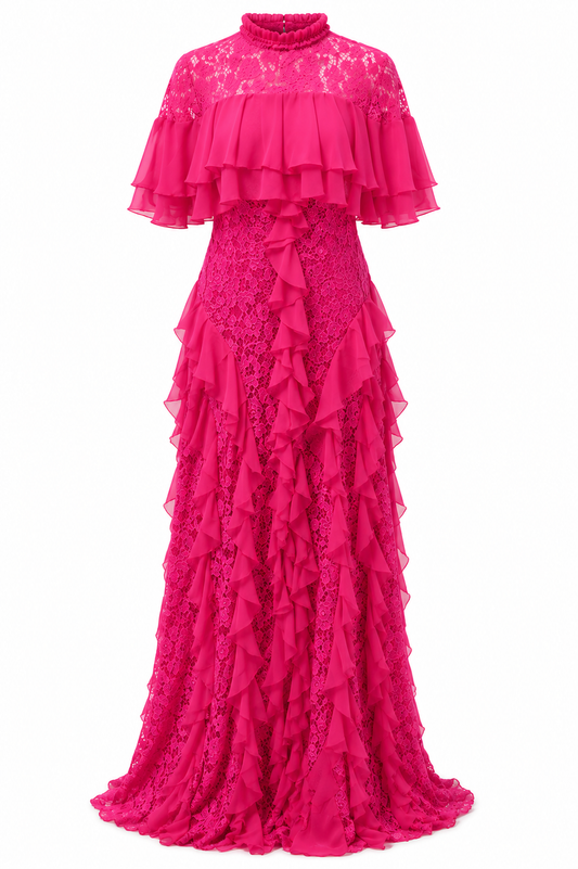 PINK LACE MAXI DRESS WITH RUFFLE DETAIL