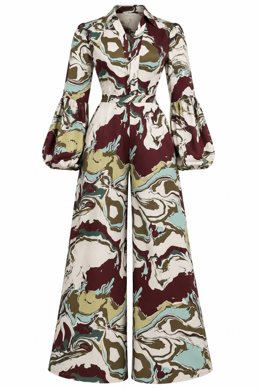 White brown and green print OMETSEY long sleeves and trousers co-ord