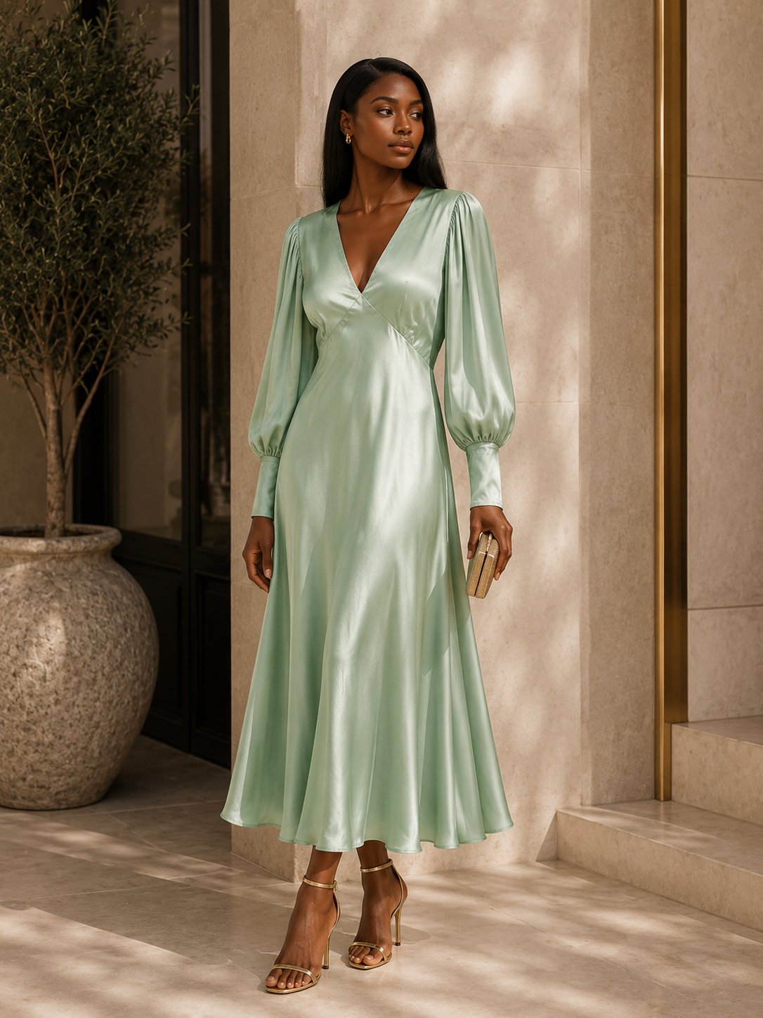 TURQUOISE ASOS SATIN MAXI DRESS WITH LONG PUFF SLEEVES OPEN BACK