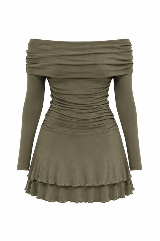 OLIVE ARIA COVE OFF SHOULDER MINI DRESS