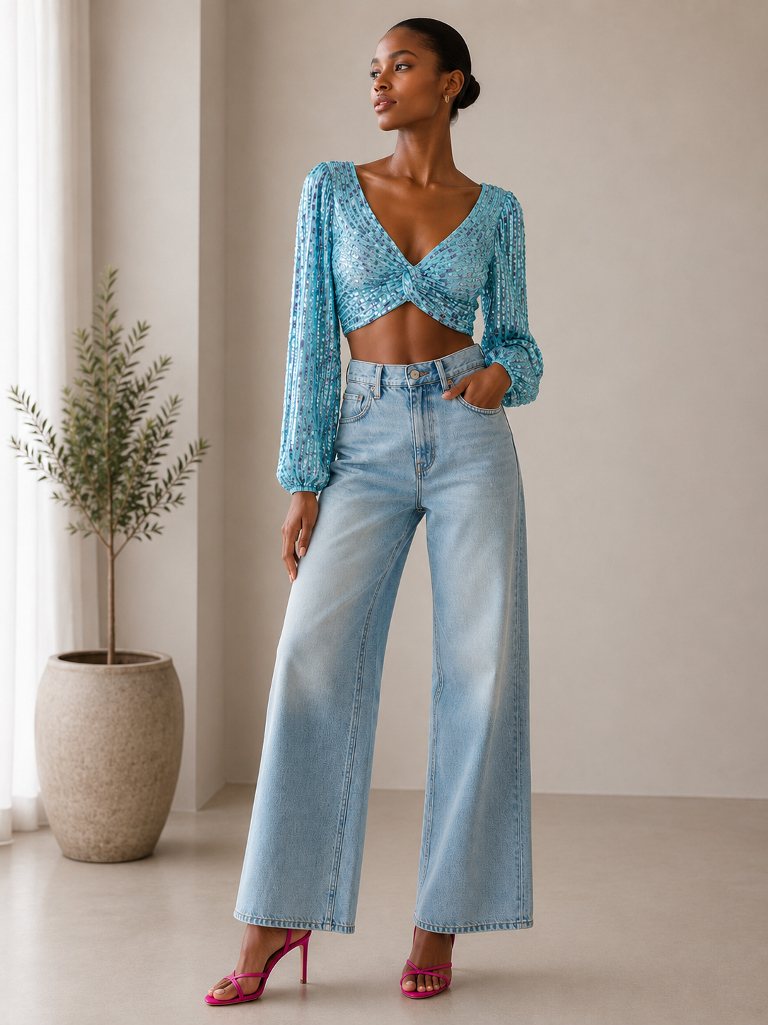 Blue Asos Sequin Twist Front Crop Top (New)