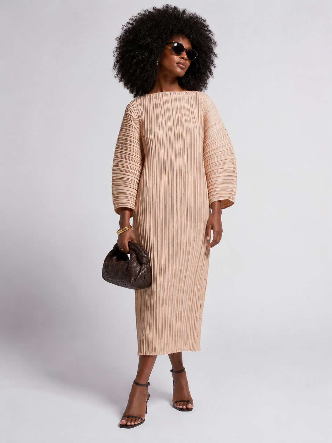& OTHER STORIES TAN PLISSE LONGSLEEVES MIDI DRESS