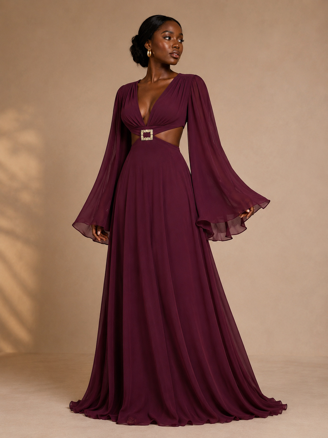 MAROON OMETSEY LONG FLARE SLEEVE MAXI DRESS WITH KEYHOLE