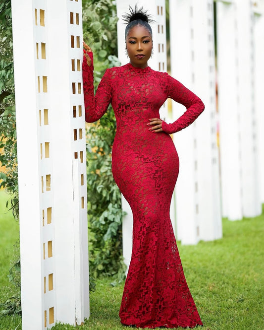 Burgundy lace BarkersWoode gown