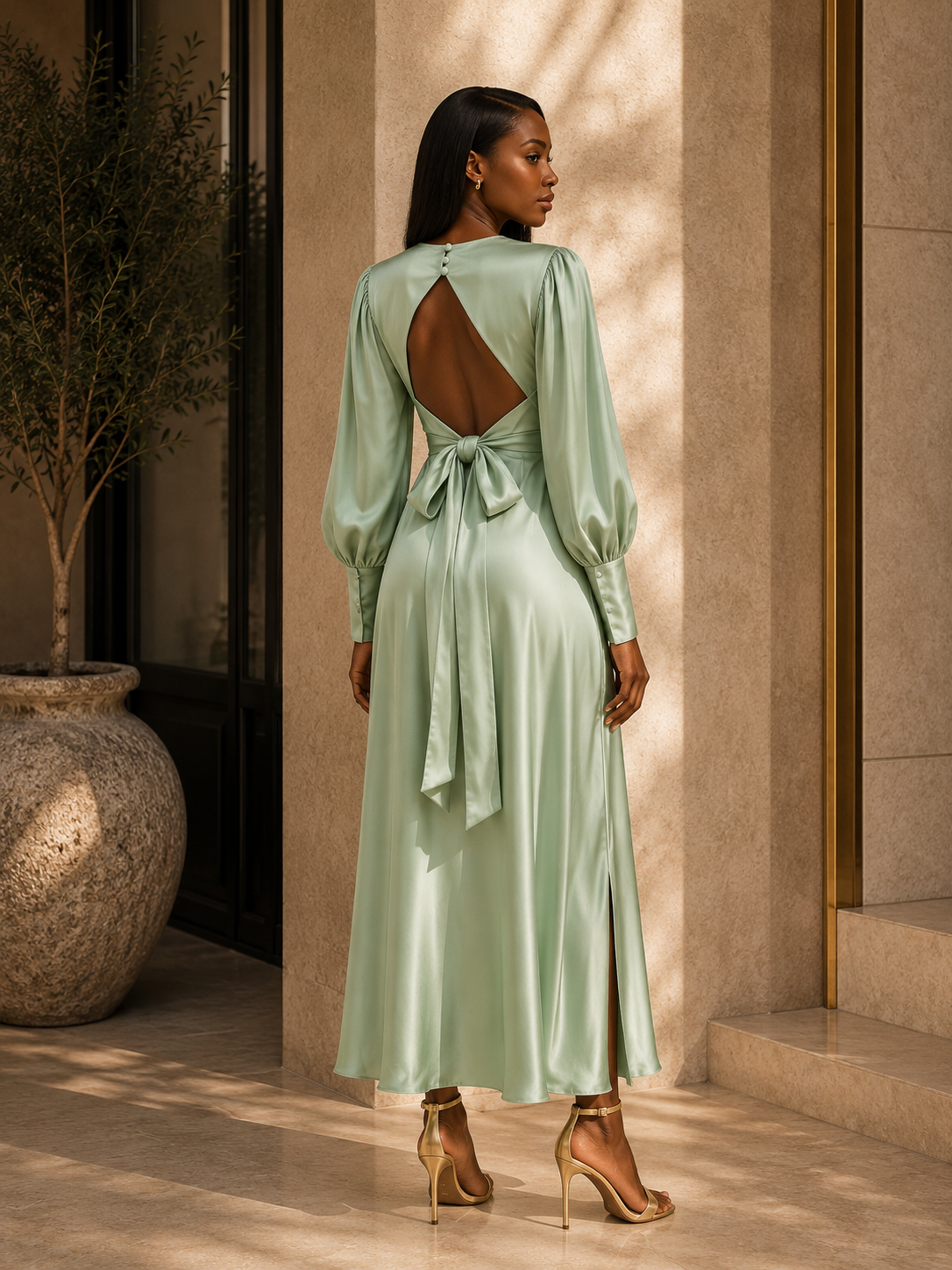 TURQUOISE ASOS SATIN MAXI DRESS WITH LONG PUFF SLEEVES OPEN BACK