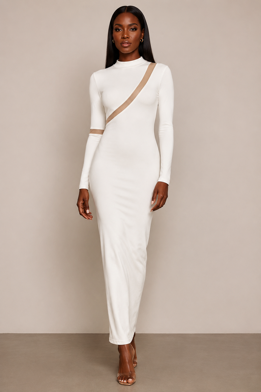 WHITE LONG SLEEVE BOSYCON MAXI DRESS WITH MESH DETAIL