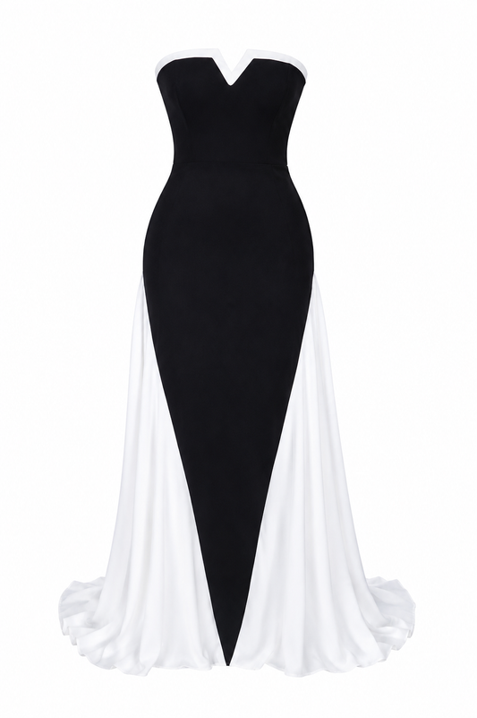 BLACK AND WHITE SHAPES BY NELSON STRAPLESS FITTED GOWN