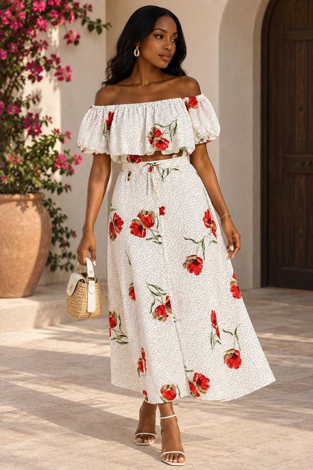 White polkadot and floral print Love + Harmony maxi skirt and crop top coord
