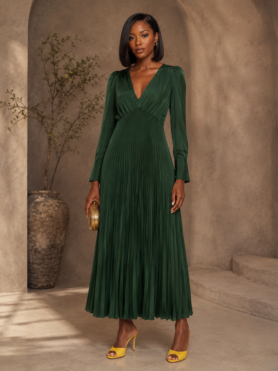 DARK GREEN PLEATED SELF PORTRAIT LONG SLEEVE MIDI DRESS
