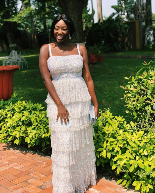 White Embellished tired maxi gown