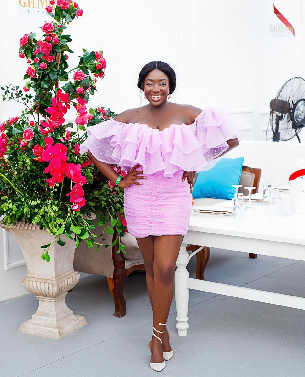 Custom Bello Edu ruched off shoulder mini dress with dramatic organza neckline