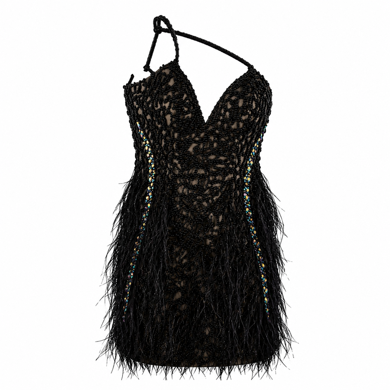 Colors Black Beaded Feather Mini Dress