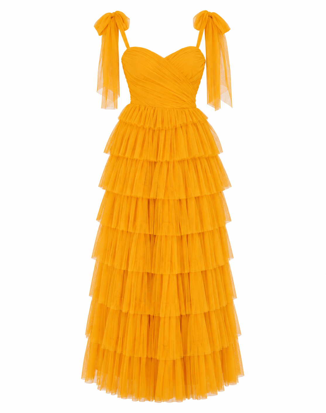 Lace & beads bow shoulder tulle maxi dress in butterscotch