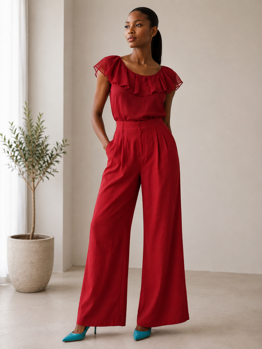 Red Chiffon Ruffle Blouse