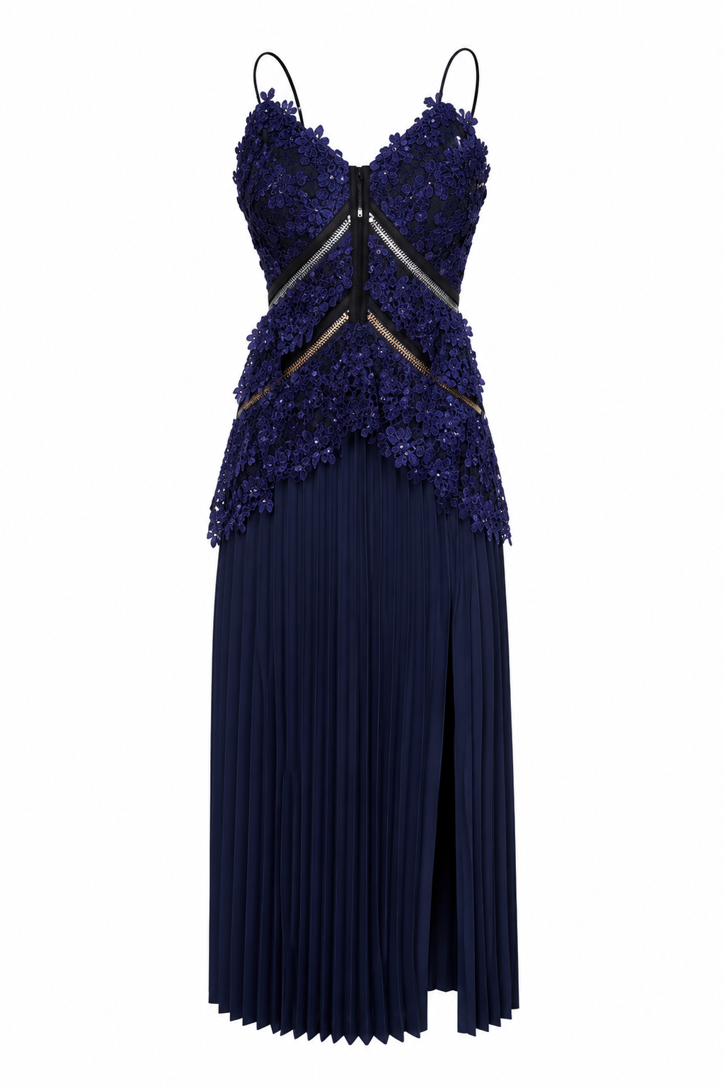 Self-Portrait Blue Guipure Lace Pleated Midi Dress