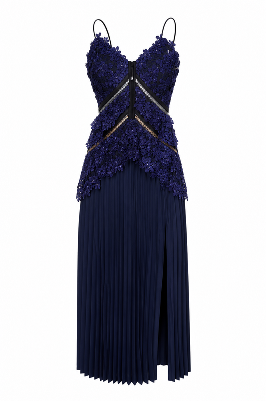 Self-Portrait Blue Guipure Lace Pleated Midi Dress