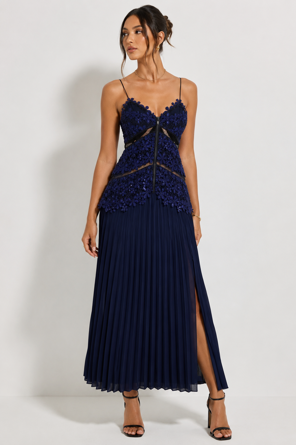 Self-Portrait Blue Guipure Lace Pleated Midi Dress