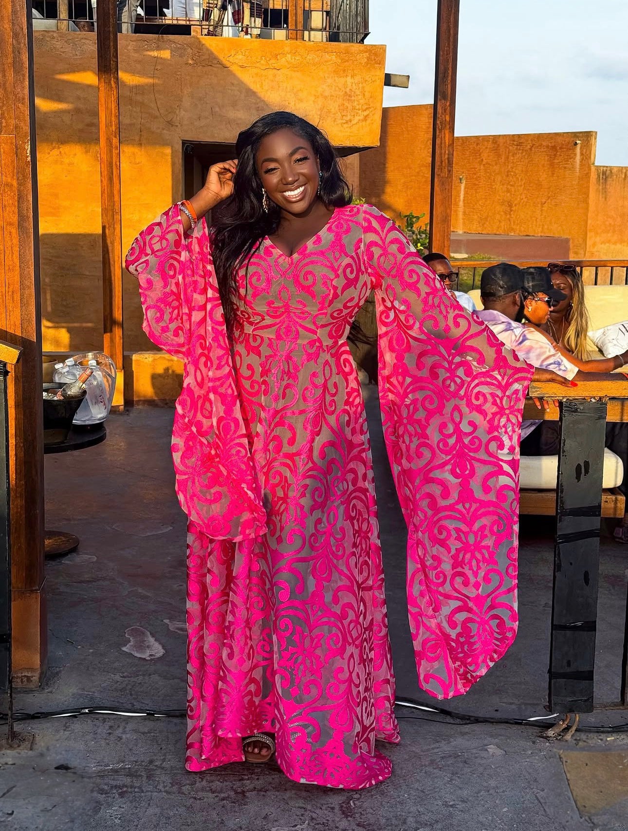 Pink lace  BarkersWoode maxi dress with exaggerated sleeves