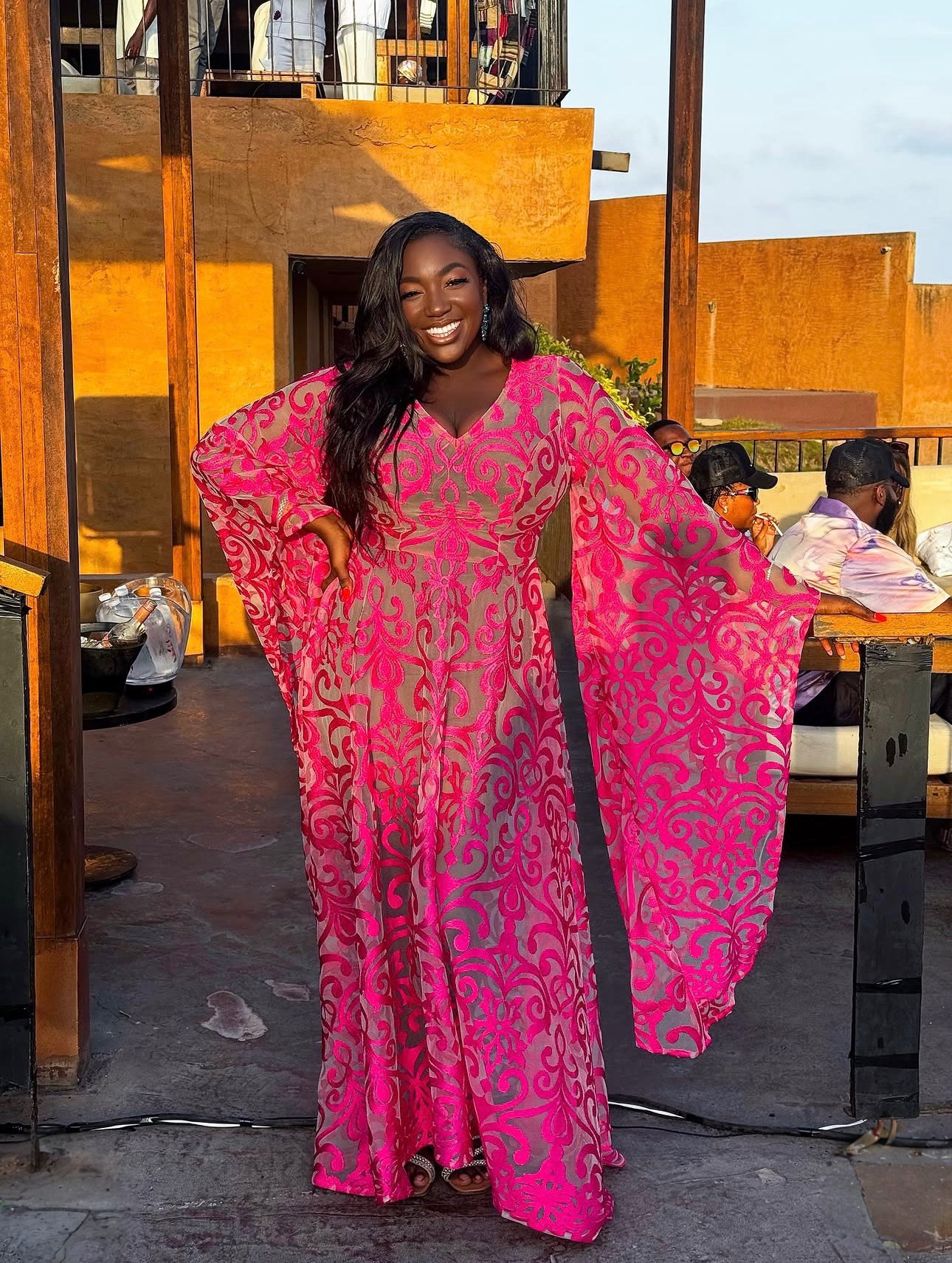 Pink lace  BarkersWoode maxi dress with exaggerated sleeves